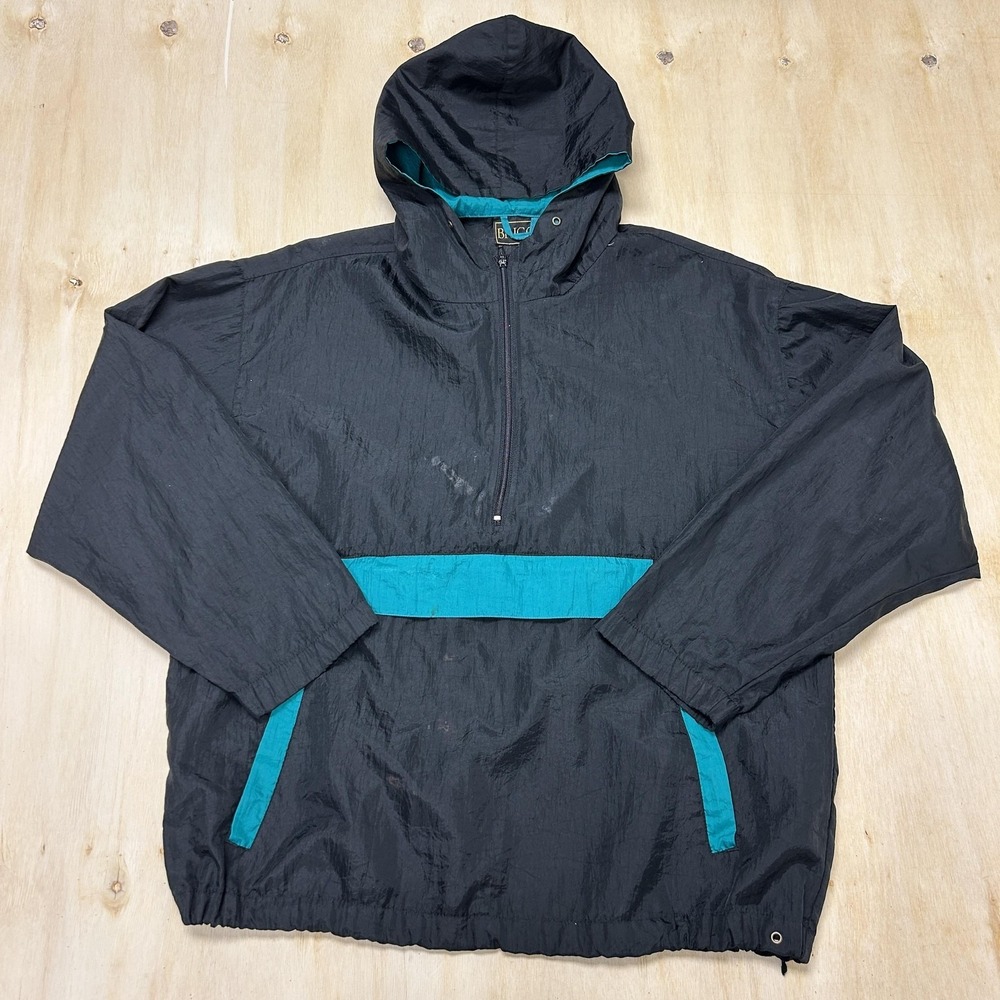 Briggs Jacket Kids 14-16 Black Teal Hooded Anorak Pullover Nylon Windbreaker